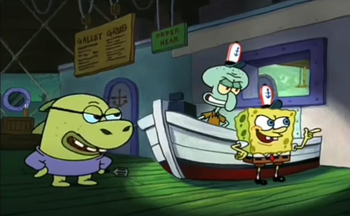 A screenshot from that one episode of Spongebob where they realize Nosferatu is the one flickering the lights and they say NOSFERATUUUUUU in a playfully chiding manner