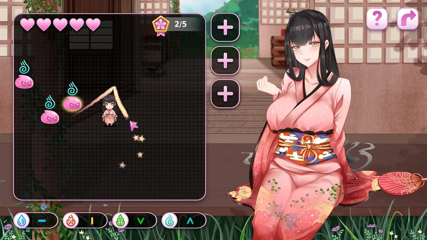 Layout of the combat with a bunch of monsters getting closer to a girl on the left; a girl in a kimono on the right
