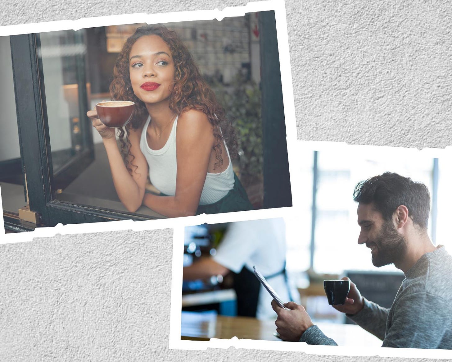 Woman sipping coffee, looking right, man with coffee reading 