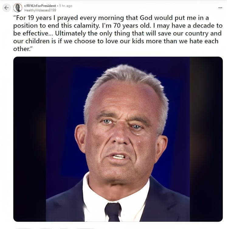 Close-up of Robert F. Kennedy Jr. from a social media post, quoting him on his mission to save America and his belief in love for children over hatred.