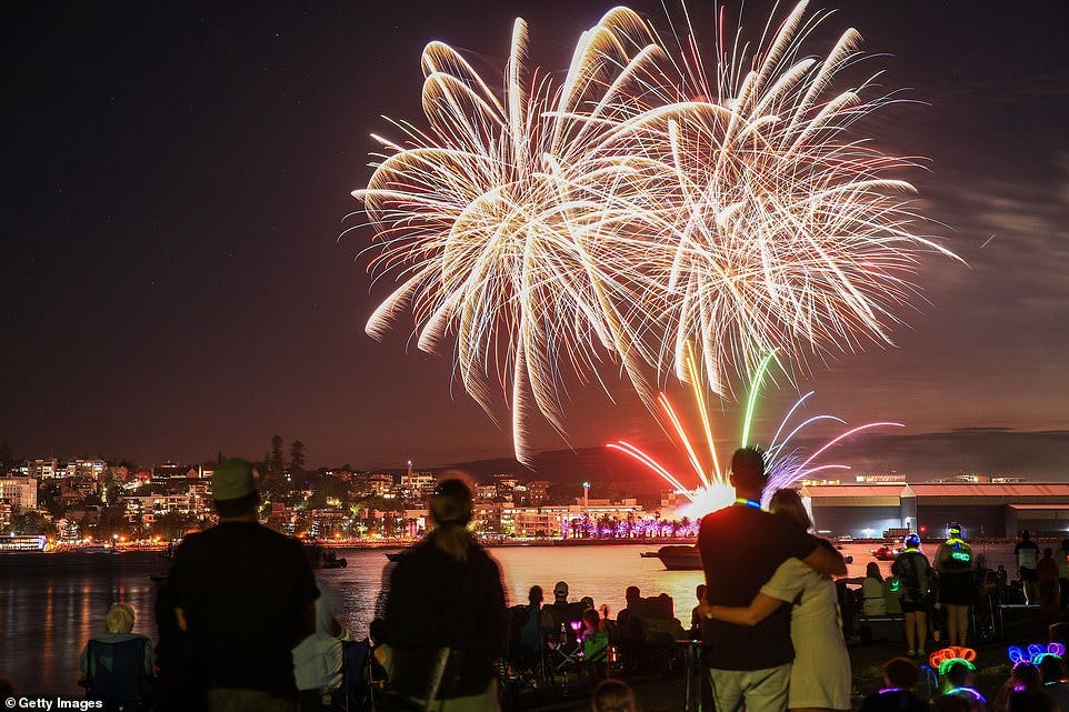 AUSTRALIA: The 9pm fireworks or 'family fireworks' display over Newcastle Harbour as seen from Stockton on December 31, 2024 in Newcastle, Australia