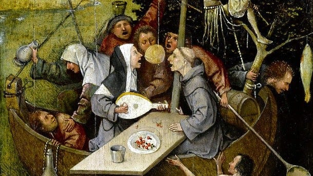 A cropped image of Bosch's Ship of Fools showing many people jostling and eating on a boat against a green-tinged sea