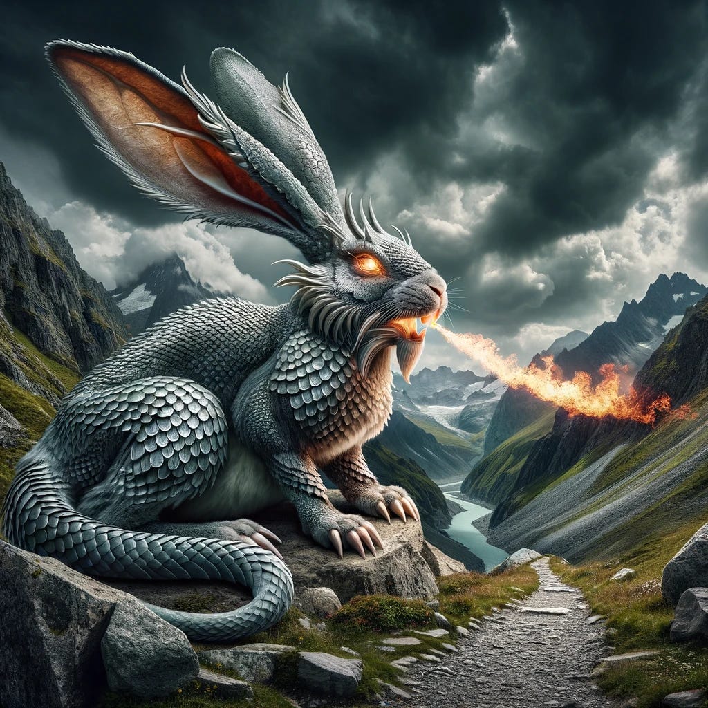An epic and imposing bunny, resembling the grandeur of a dragon, perched on a rocky outcrop guarding a narrow mountain path. This bunny is adorned with shimmering scales along its body, adding a mystical and powerful aura. Its eyes glow with intensity, and it breathes a subtle stream of fire from its mouth, reminiscent of a dragon's fiery breath. The bunny's large ears are perked up, giving it a majestic and formidable presence. The background features a dramatic sky with dark clouds, thunder, and occasional lightning bolts, enhancing the scene's epic atmosphere. The path is rugged and winds through the mountains, with the scaled, fiery-breathed bunny as its impressive guardian.