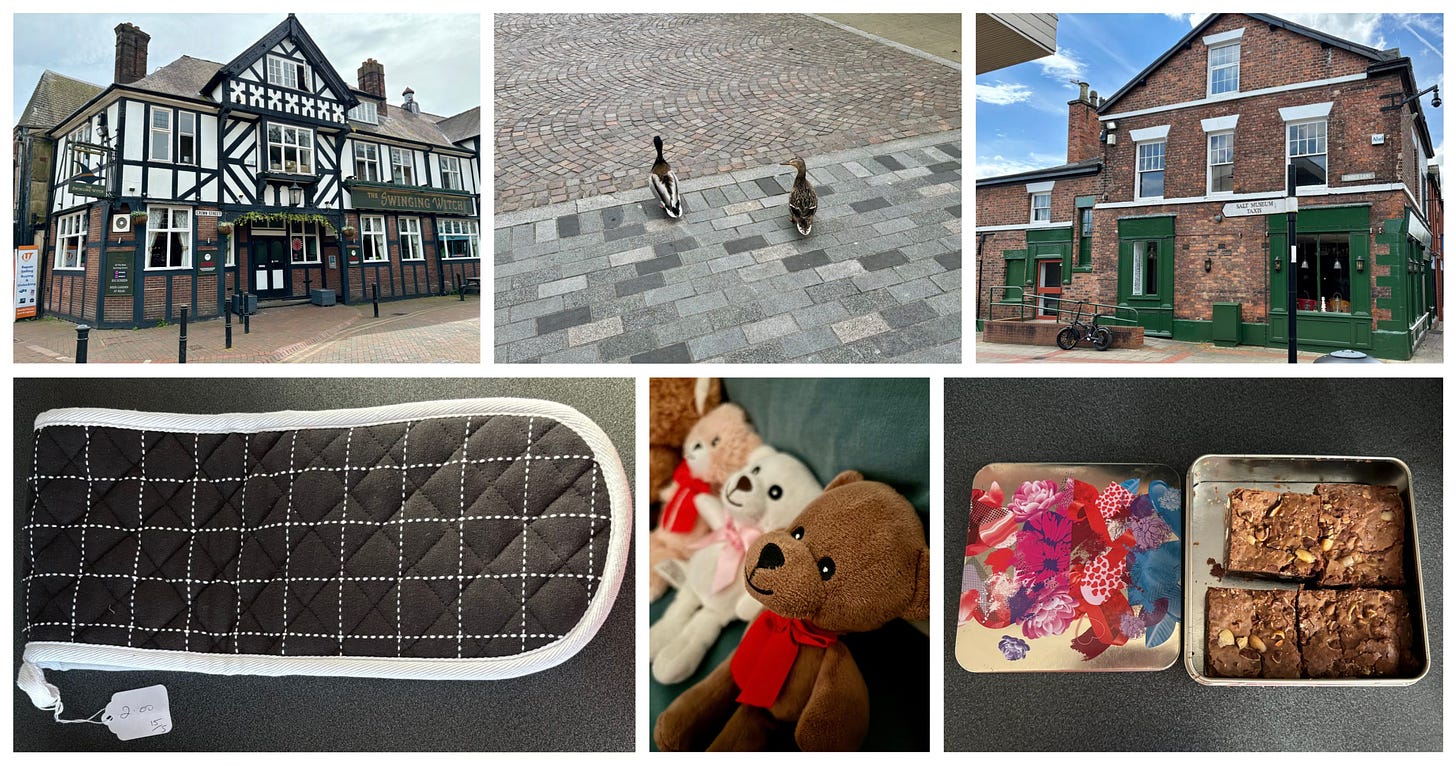 A collage of six photos. Two of buildings in Northwich, Cheshire. One with a pair of ducks in the street.An oven glove. A row of small teddy bears. A tin containing four chocolate brownies. 