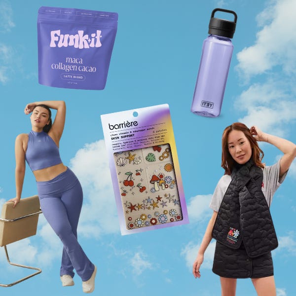 A woman in purple flare workout pants, a woman in a quilted scarf, a lavender water bottle, vitamin stickers, and a latte pouch on a cloud background