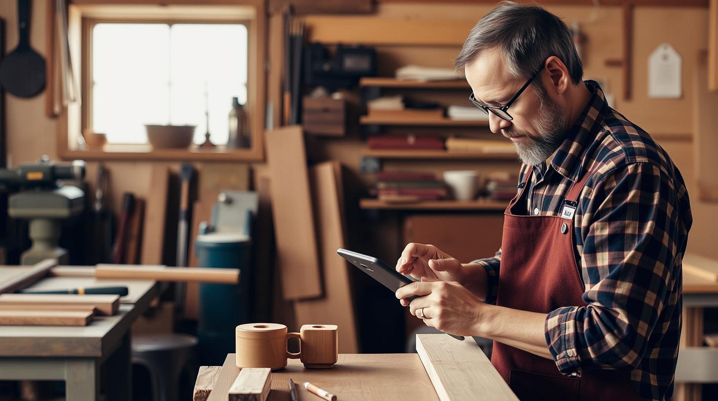A man with a beard and glasses wearing a red apron and plaid shirt is working on a tablet in a workshop