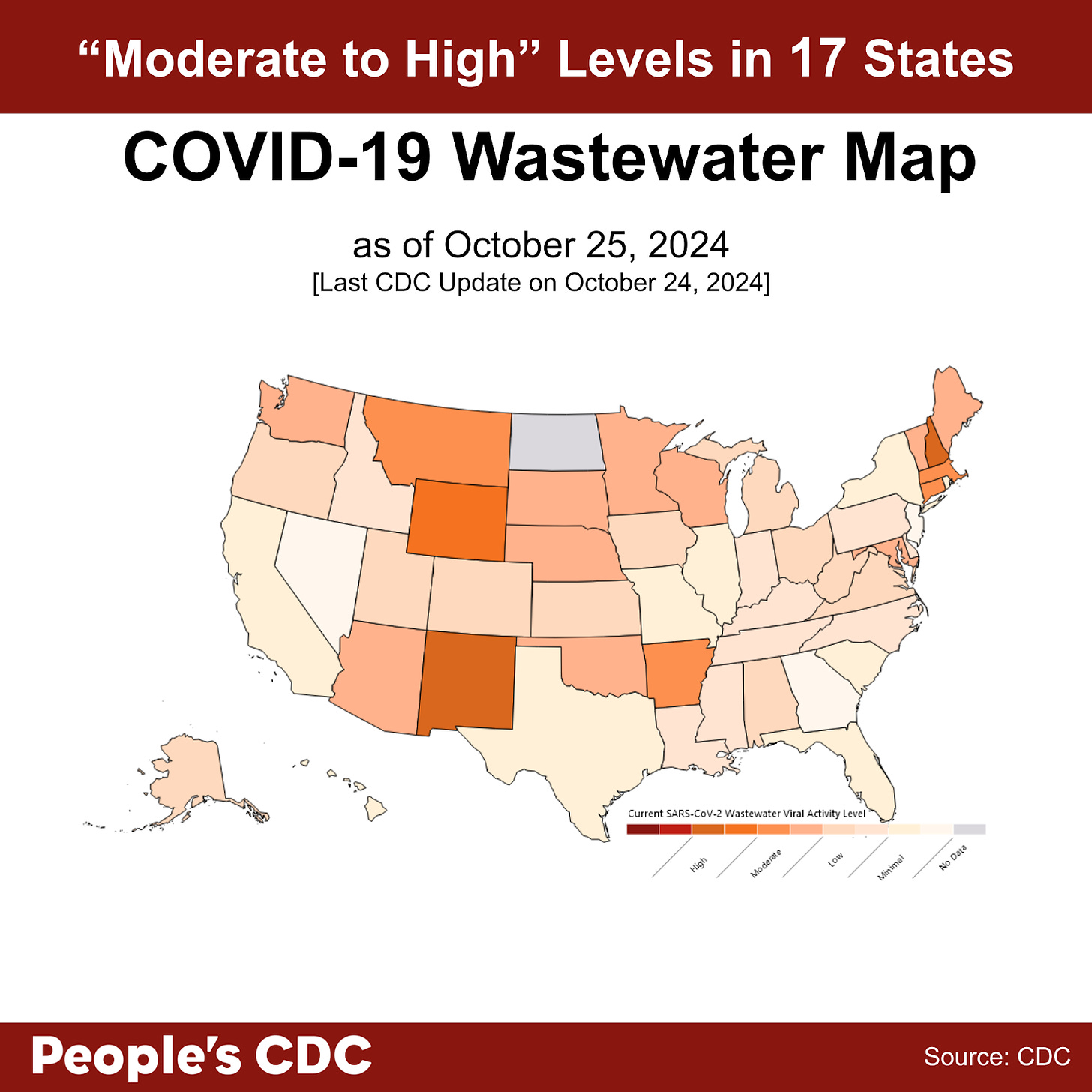 A map of the United States color-coded in shades of maroon, orange, and gray displaying SARS-CoV-2 Wastewater Viral Activity level as of October 25, 2024, where deeper tones correlate to higher viral activity and gray indicates “No Data.” Text above the map reads ‘“Moderate to High” Levels in 17 states’. The remaining states and DC show “Low” or “Minimal” levels. Data is unavailable for Guam, North Dakota, Puerto Rico, and the U.S. Virgin Islands. At the bottom, the text reads People’s CDC. Source: CDC.