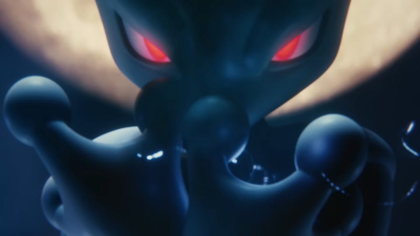 A still image from the latest Pokémon GO trailer, showing Shadow Mewtwo