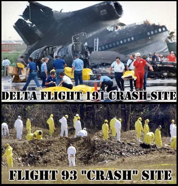 A collage of people in white overalls and a plane crashed

Description automatically generated