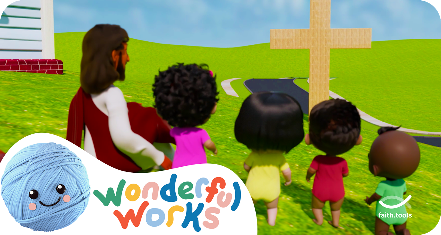  The image shows a scene where a group of children and a character resembling Jesus are standing together on a grassy hill, facing a large wooden cross in the distance. The children, each dressed in brightly colored clothes, are of diverse appearances and heights, suggesting different ages or backgrounds. In the bottom left corner, there is a friendly, cartoonish blue ball of yarn with a smiling face and rosy cheeks, next to the phrase "Wonderful Works" written in colorful, playful letters. In the bottom right corner, a logo with the text "faith.tools" is displayed. The scene appears to convey a theme of faith, unity, and learning in a warm, welcoming style.