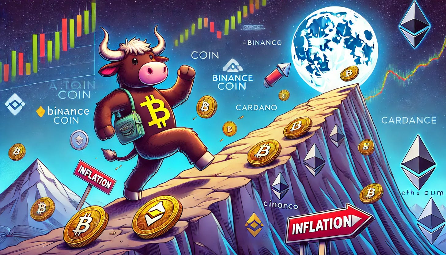 A cartoon-style banner illustration of a bullish-looking cartoon bull climbing a steep mountain toward the moon, symbolizing a rising cryptocurrency market. The bull's body is adorned with various altcoin logos like Ethereum, Binance Coin, Cardano, and others. Along the path, the bull is tripping over cartoon-style obstacles representing economic events like inflation signs, stock market crashes, and news headlines. The scene is vibrant and colorful, with the moon shining brightly at the top of the mountain, symbolizing the ultimate goal.