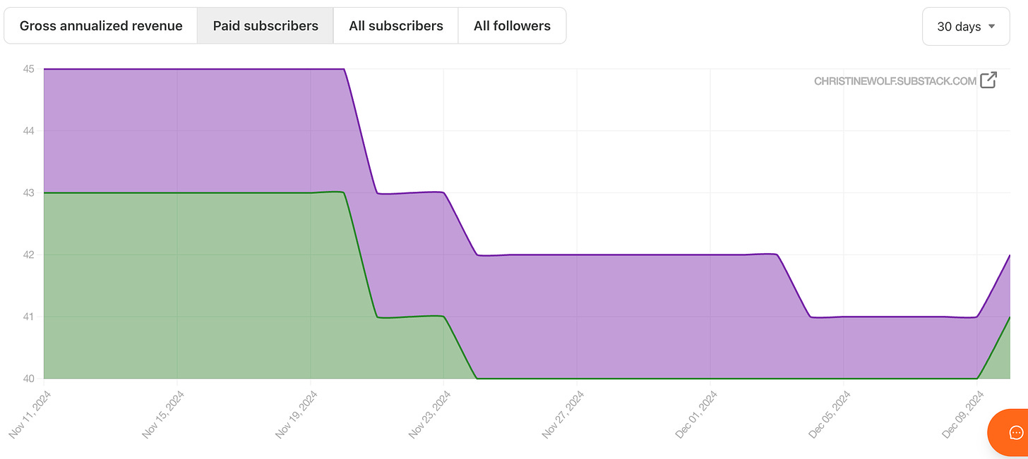 Graphic shows the ups and downs of my paid subscriber list for the past 30 days, ranging from 45 to 42 subscribers.