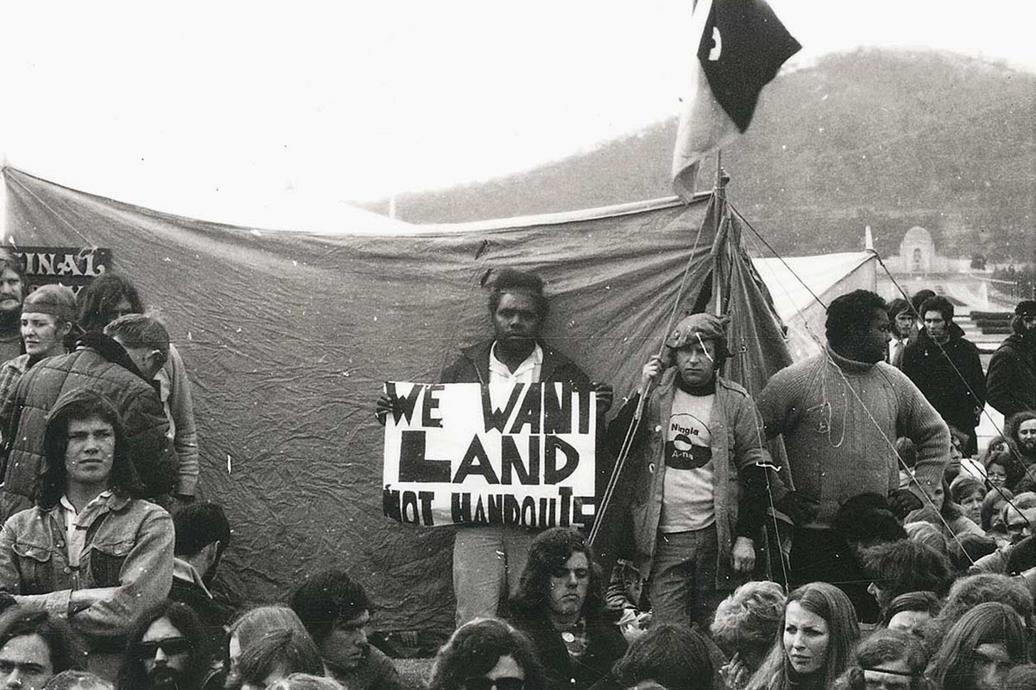 Group of protesters at the Aboriginal land rights demonstration, Parliament House, Canberra, 30 July 1972.