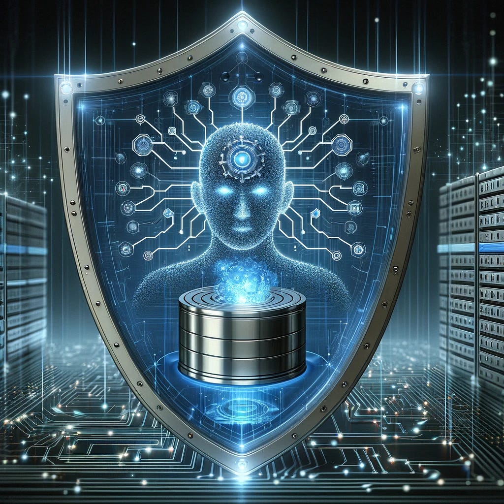 A conceptual illustration showcasing advanced security and artificial intelligence (AI) for records management. This visual should depict a high-tech security shield enveloping a database or repository of records, symbolizing robust protection against cyber threats. Within this shield, an AI entity is shown as a central figure, its form composed of digital circuits and neural networks, representing its role in analyzing, securing, and optimizing the management of records. The AI is actively scanning and interacting with the data, highlighted by dynamic lines and glowing nodes that indicate real-time processing and intelligent decision-making. The background should convey a sense of digital sophistication, embodying the essence of cutting-edge technology in safeguarding and managing digital records.