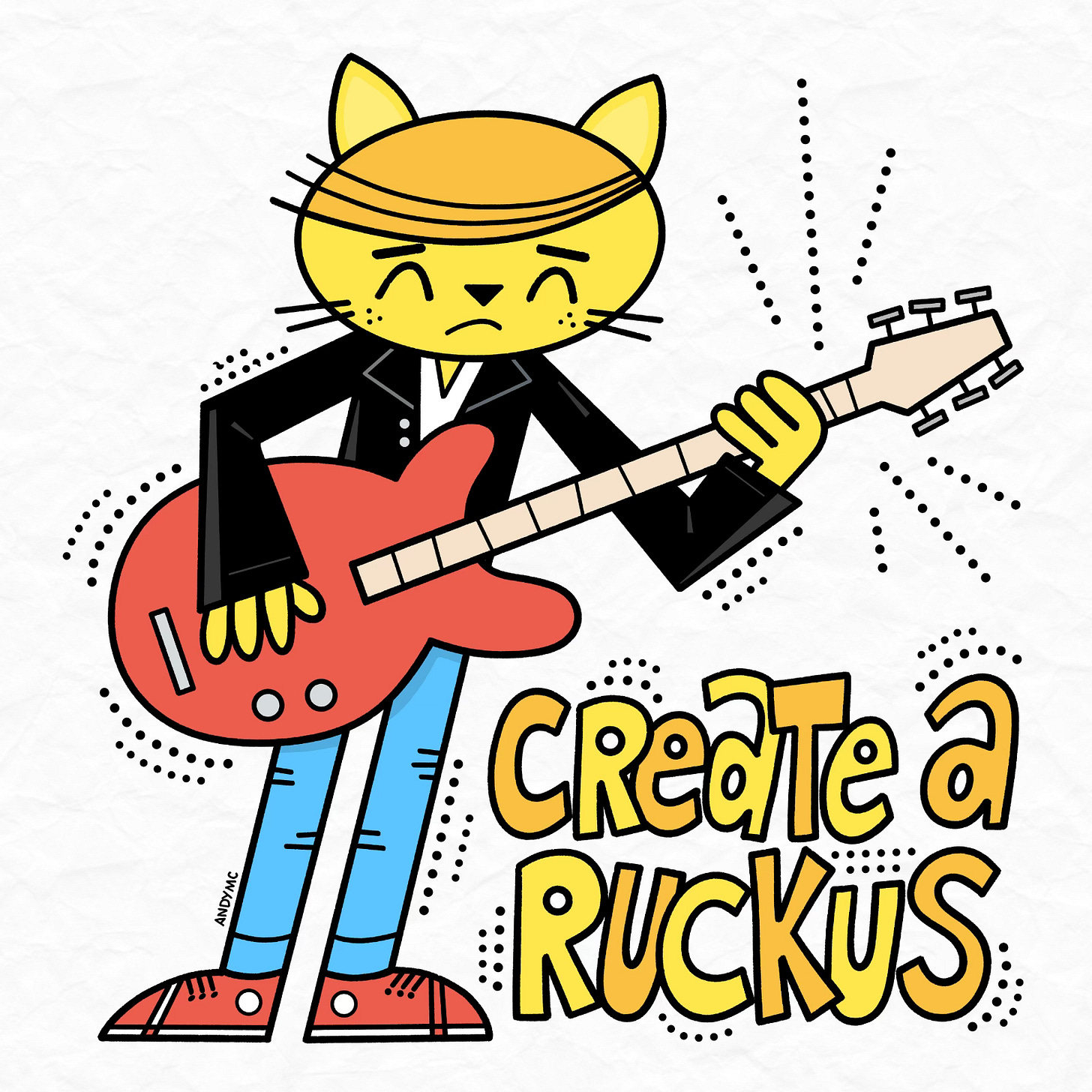 an illustration of a cat playing guitar and the text, create a ruckus