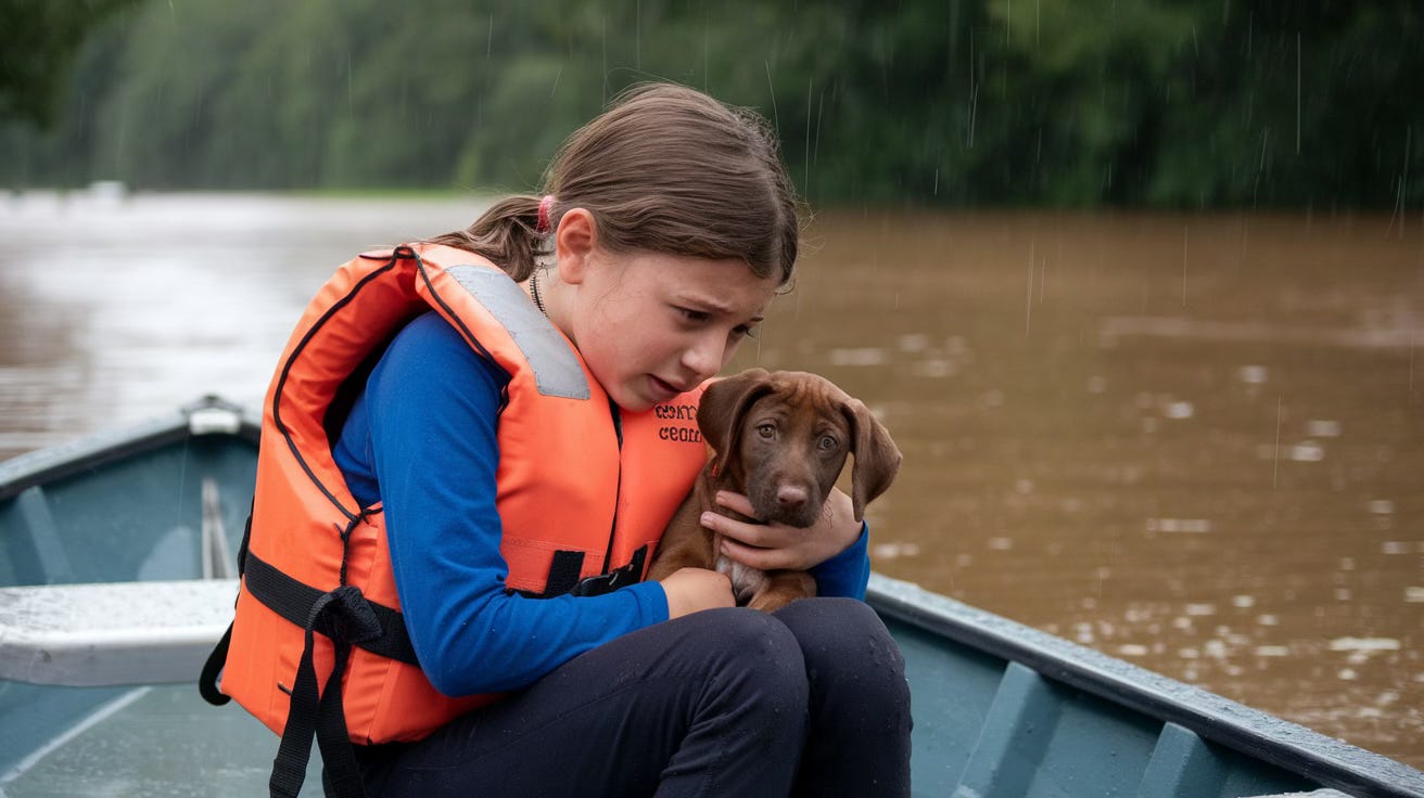 AI-generated image of girl in an orange lifejacket in a rowboat holding a brown puppy amid rainfall and floods