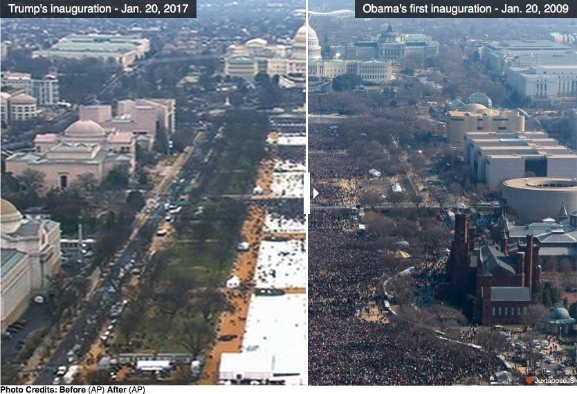 Fake news comparison of photos of Trump's inauguration crowd and Obama's inauguration crowd