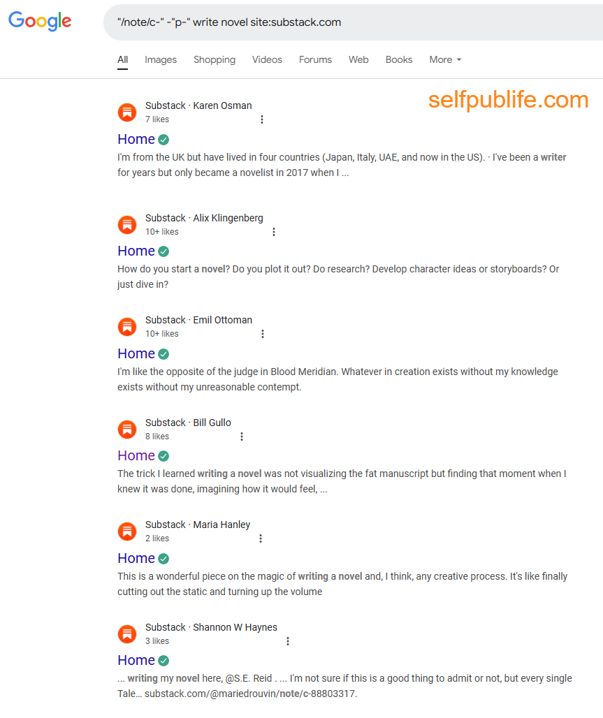 Screenshot of Google results page with search for Substack Notes discussing novel writing.