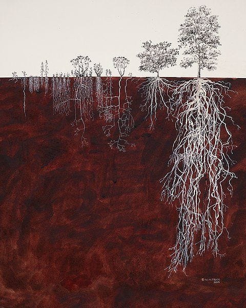This may contain: a drawing of a tree with roots growing out of it