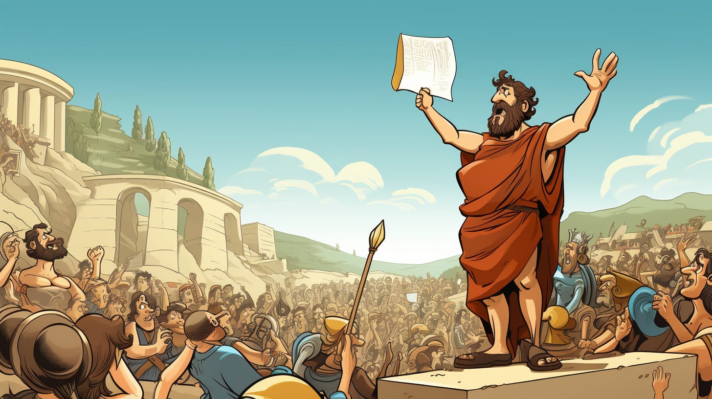 A cartoon image, in the style of asterix comics of a greek Sophist engaging in rhetoric in front of a large crowd of people. With a caption that says "Yo! Listen to my bloody rhetoric!"