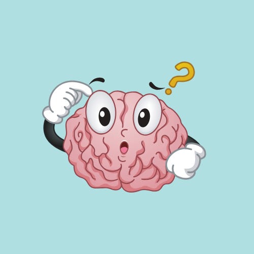 An image of a cartoon-style brain scratching its head in confusion and a question mark placed above it. 
