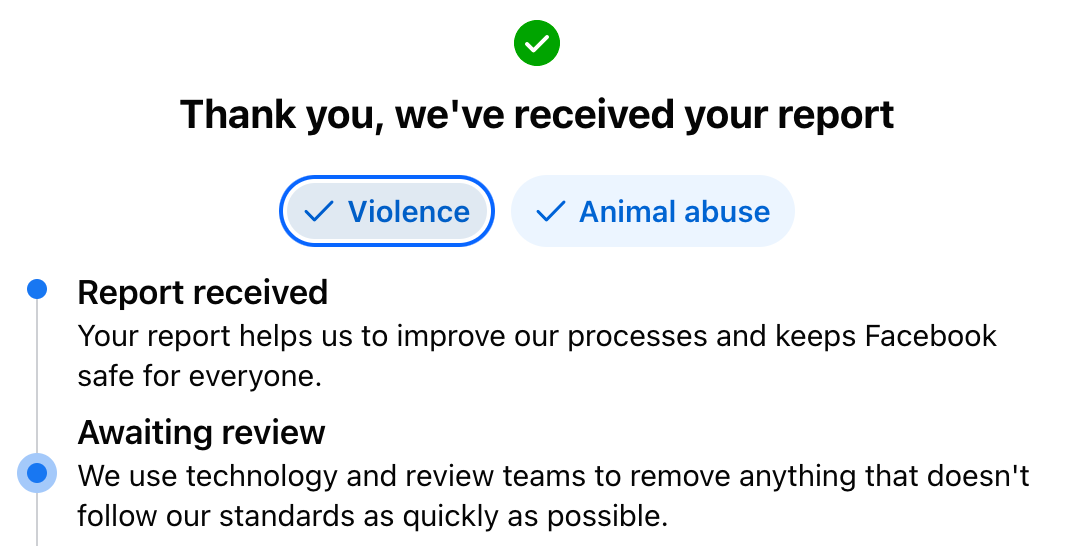 Facebook violence report and animal abuse report posted