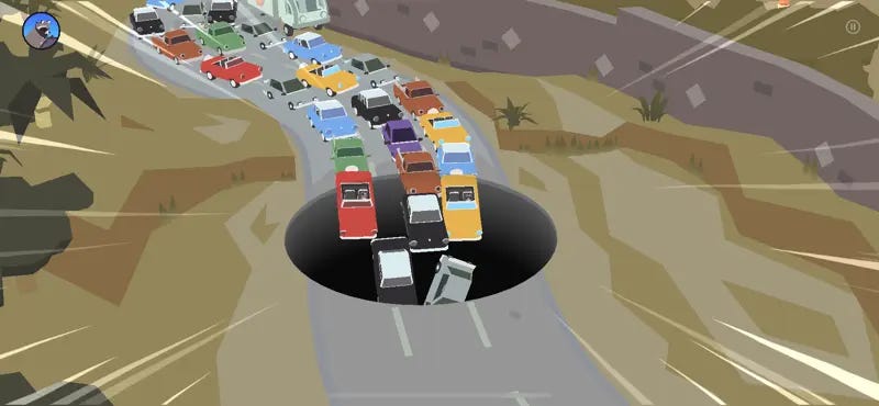 Cars drive off of a backed up highway and into a massive hole. Cars drive off of a backed up highway and into a massive hole.
