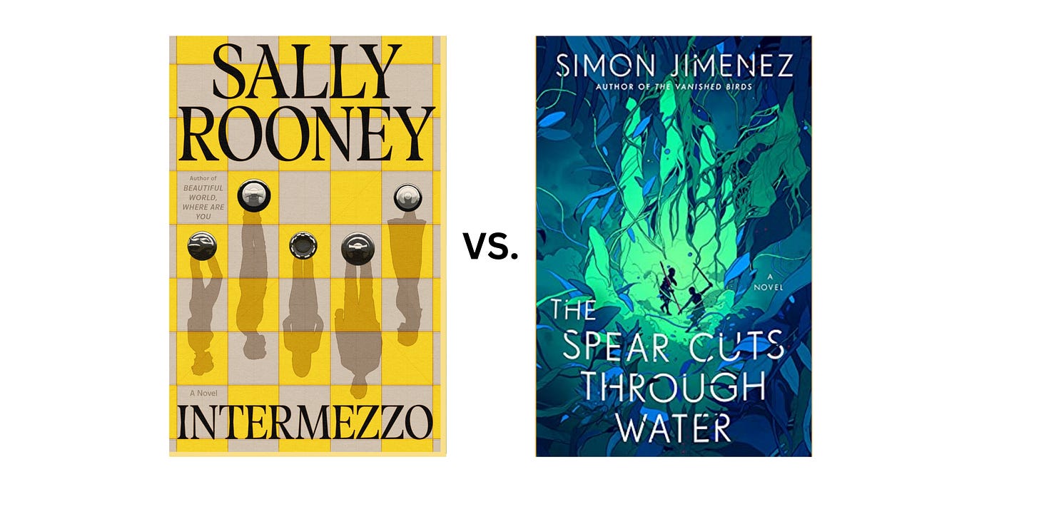 Book covers for Intermezzo by Sally Rooney and The Spear Cuts Through Water by Simon Jimenez