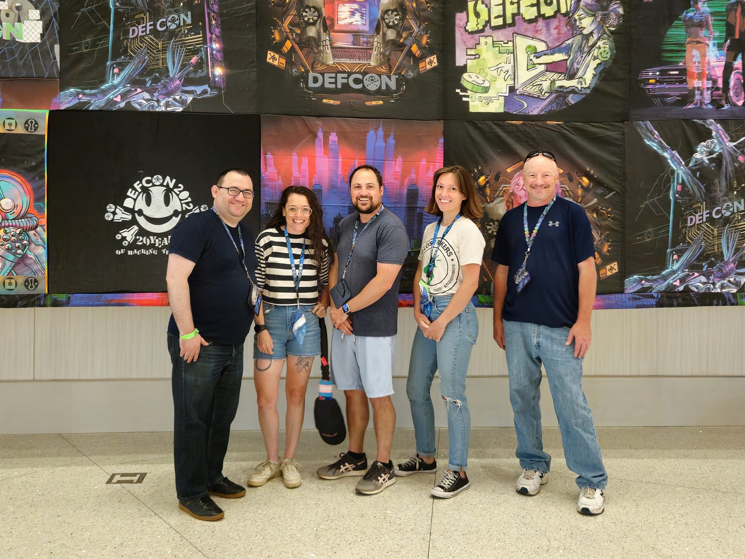 Left to right: Jerome Greco, Diane Akerman, Benjamin Burger, Allison Young, Chris Pelletier at DEF CON 31 in Las Vegas, Nevada.