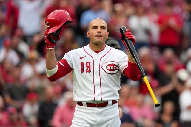 Joey Votto taking his cap off to the crowd, looking a tiny bit emotional and, as always, gorgeous