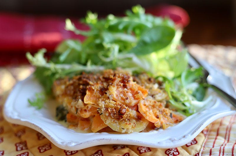 Sweet-Potato-Potato Gratin with Caramelized Leeks, Spinach, and a Pecan Crumb Topping, Cook the Vineyard