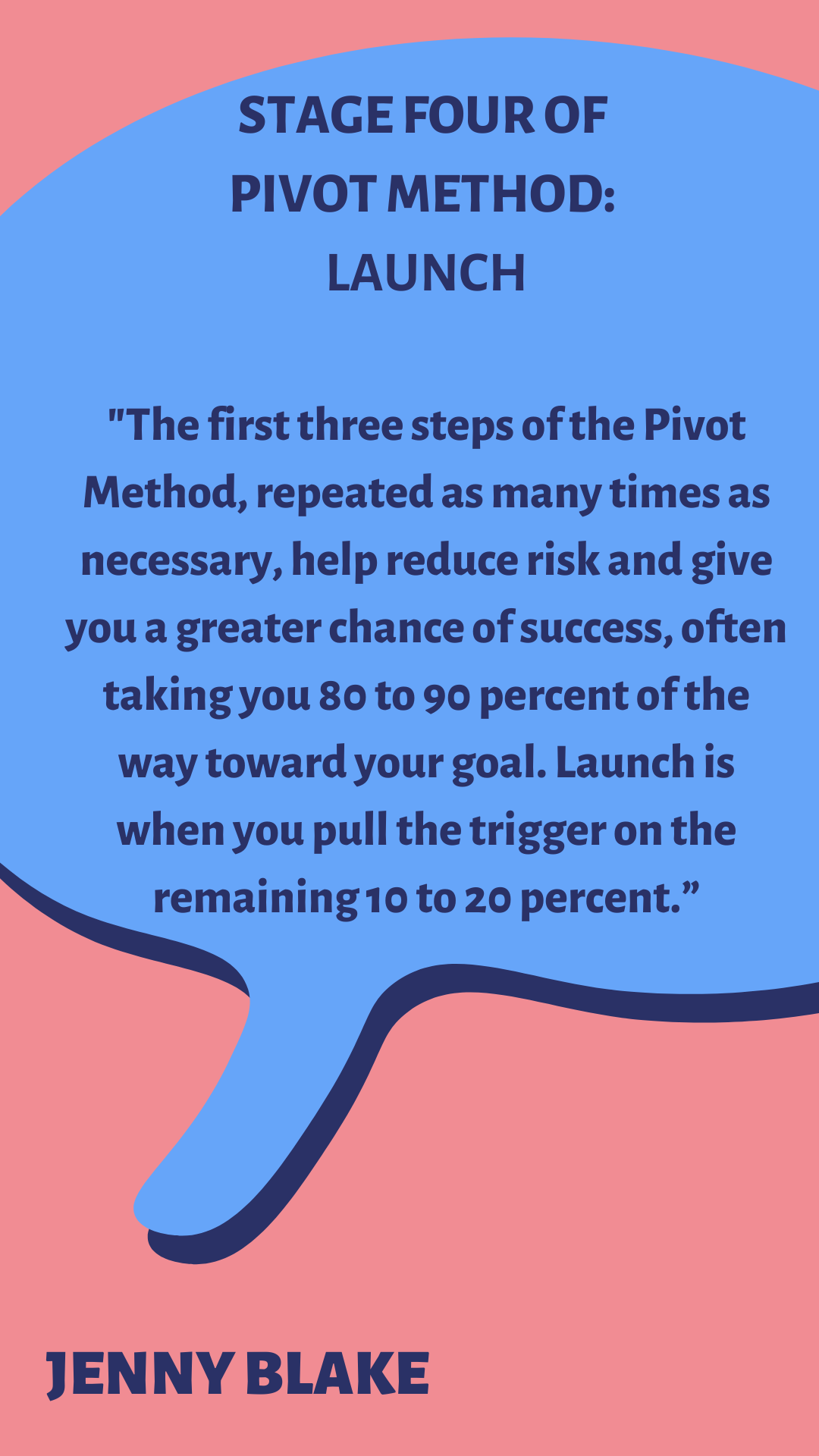 STAGE 4 of PIVOT METHOD: LAUNCH “The first three steps of the Pivot Method, repeated as many times as necessary, help reduce risk and give you a greater chance of success, often taking you 80 to 90 percent of the way toward your goal. Launch is when you pull the trigger on the remaining 10 to 20 percent,” according to Jenny Blake.