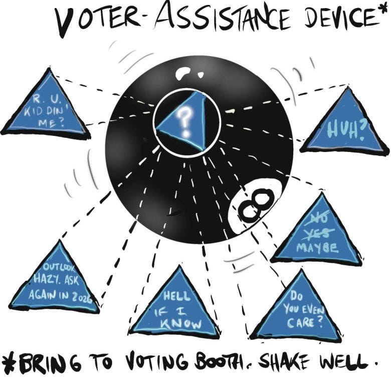 a cartoon Magic 8 Ball device customized to help people figure out how to vote on ballot initiatives