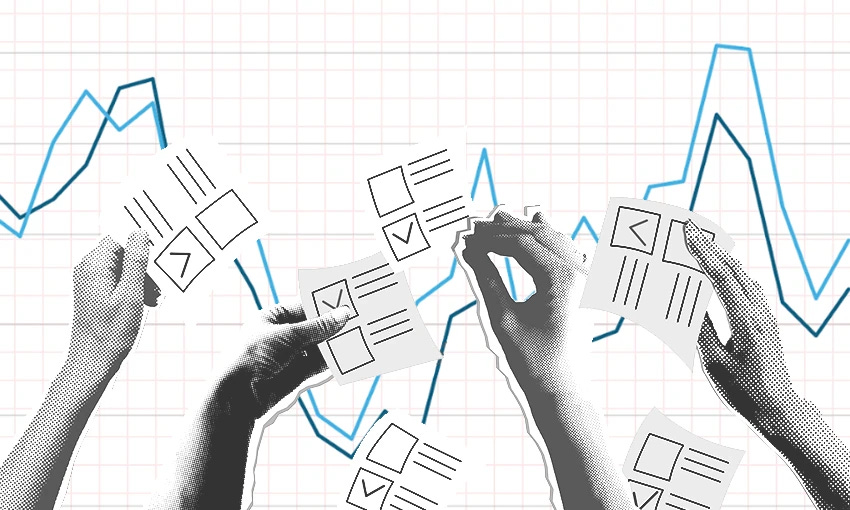 various hands holding voting ballots against a background of fluctuating line graphs.