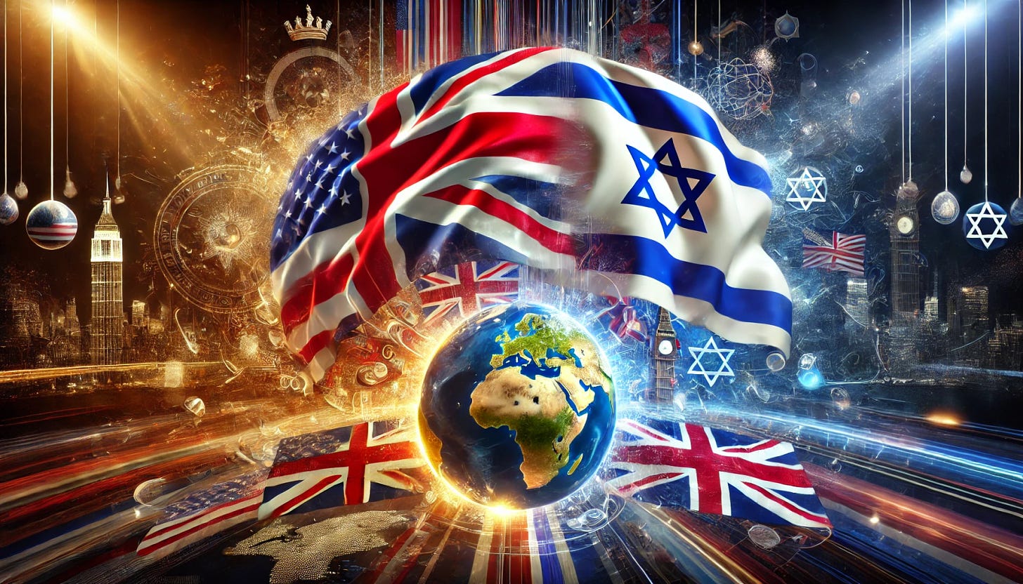 A high-resolution, 3D artistic rendering of the United States, United Kingdom, and Israeli flags combined into one image symbolizing global hegemony. The flags are dynamically arranged to dominate the scene, with the stars and stripes, Union Jack, and Star of David prominently displayed. Surrounding them are representations of the world—perhaps a globe, maps, or abstract shapes—reflecting their influence. The composition should evoke power and control, with strong lighting and shadows to give a sense of scale and dominance. Colors should remain bold and vivid, symbolizing the lasting impact of their global reach.