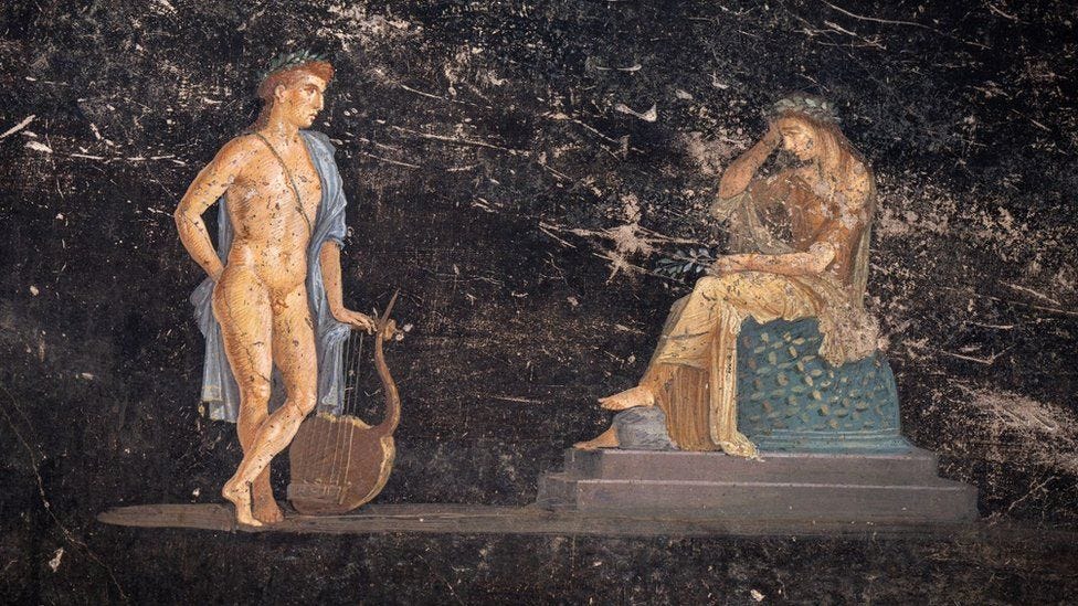 One of the "black room" frescos discovered in Pompeii, showing Apollo trying to seduce the priestess Cassandra