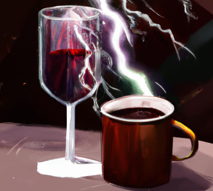 A digital illustration of a glass of red wine and a cup of coffee.