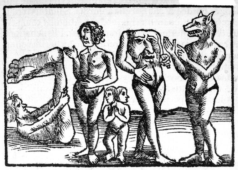 Mythical monsters with giant feet, torso heads, and a cyclops