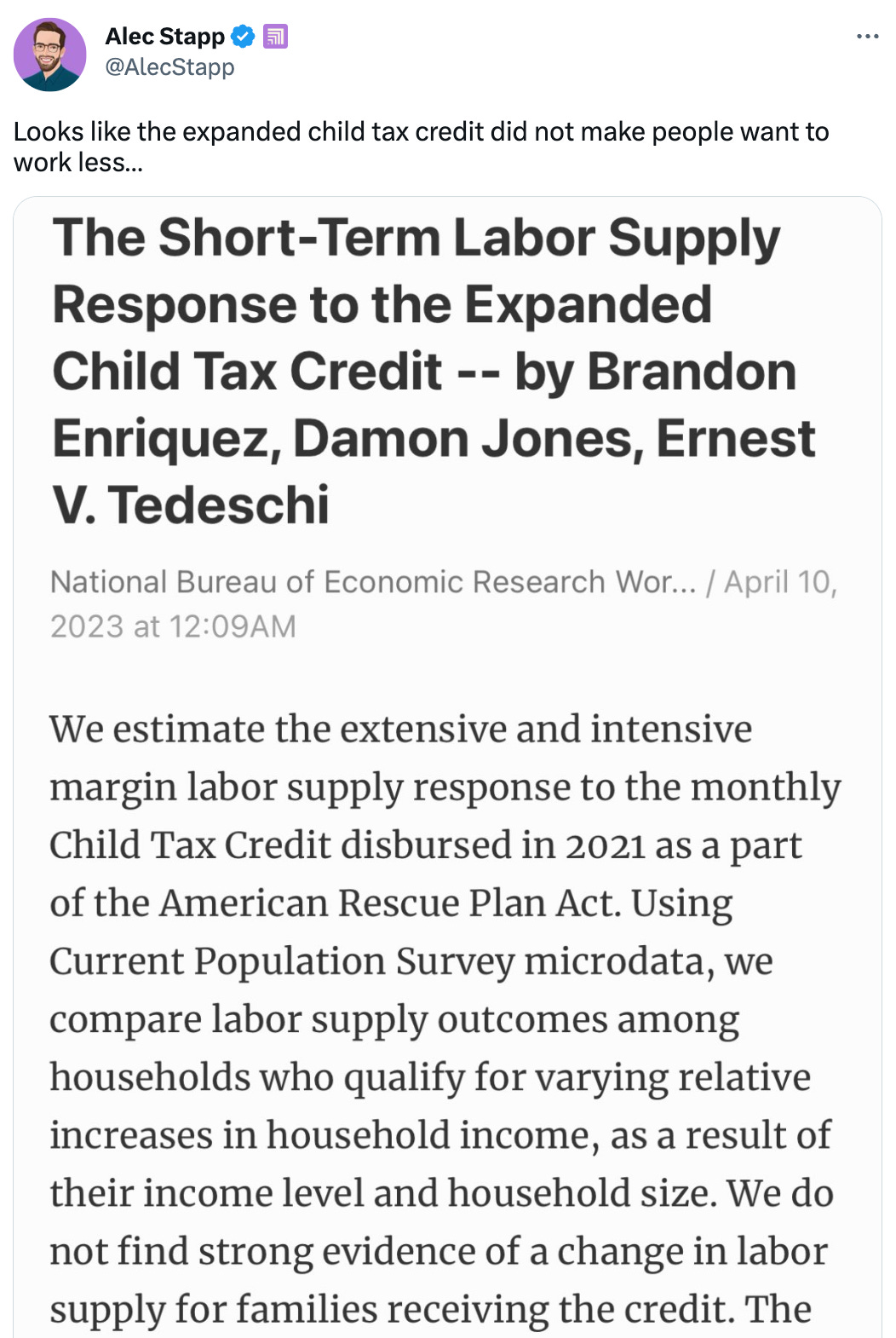 Looks like the expanded child tax credit did not make people want to work less…