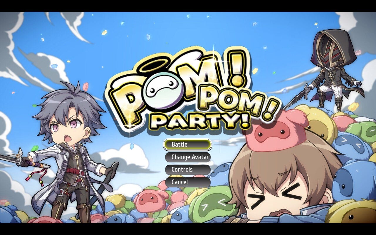 A screenshot from the title screen of Pom! Pom! Party! as it appears in Trails into Reverie. The game's three chief protagonists (Rean, Lloyd, and "C") are shown, left to right, in various poses, on top of or being buried underneath a mountain of poms.