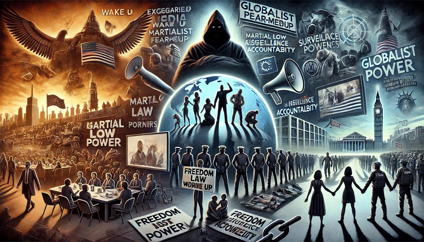 A series of conceptual illustrations representing the content. Scene 1: A depiction of people waking up and standing together in solidarity against a dark, looming shadow of 'globalist power,' symbolizing oppression and control. Scene 2: A dystopian cityscape with martial law warnings and surveillance cameras being dismantled by citizens. Scene 3: A depiction of exaggerated media fear-mongering with headlines about a 'new pandemic,' contrasted with confident, defiant people in the foreground sharing knowledge and unity. Scene 4: An image of people holding signs about freedom, justice, and accountability, set against the backdrop of an international meeting with shadowy figures plotting. Scene 5: A hopeful image of a family looking to the horizon, symbolizing hope and resilience, with a broken chain in the foreground representing freedom from oppression.