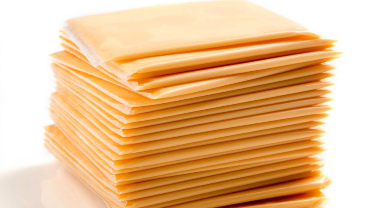 A stack of individually wrapped American cheese slices, yellow, stacked upon each other.