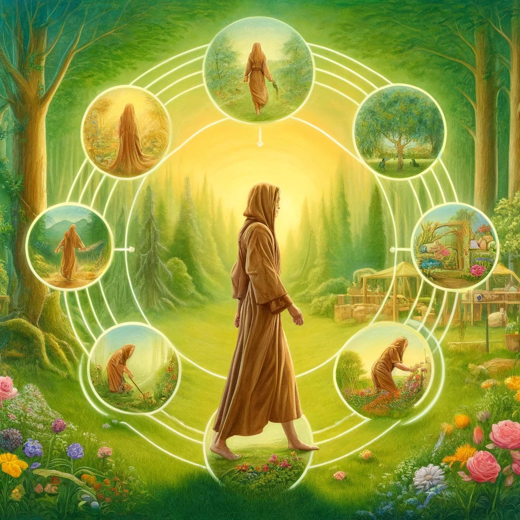 A serene and symbolic illustration depicting a mage engaging in grounding practices within a tranquil natural setting. The mage, depicted as a thoughtful figure in a flowing robe, is shown performing a variety of grounding activities: running through a lush forest, gardening in a vibrant garden full of flowers and plants, and walking barefoot on the grass. Each activity is visually connected, showing the mage seamlessly transitioning between them. The background features a peaceful forest and garden, emphasizing a deep connection with the earth. This image conveys the concept of grounding as essential for maintaining balance and clarity in the life of a mage.