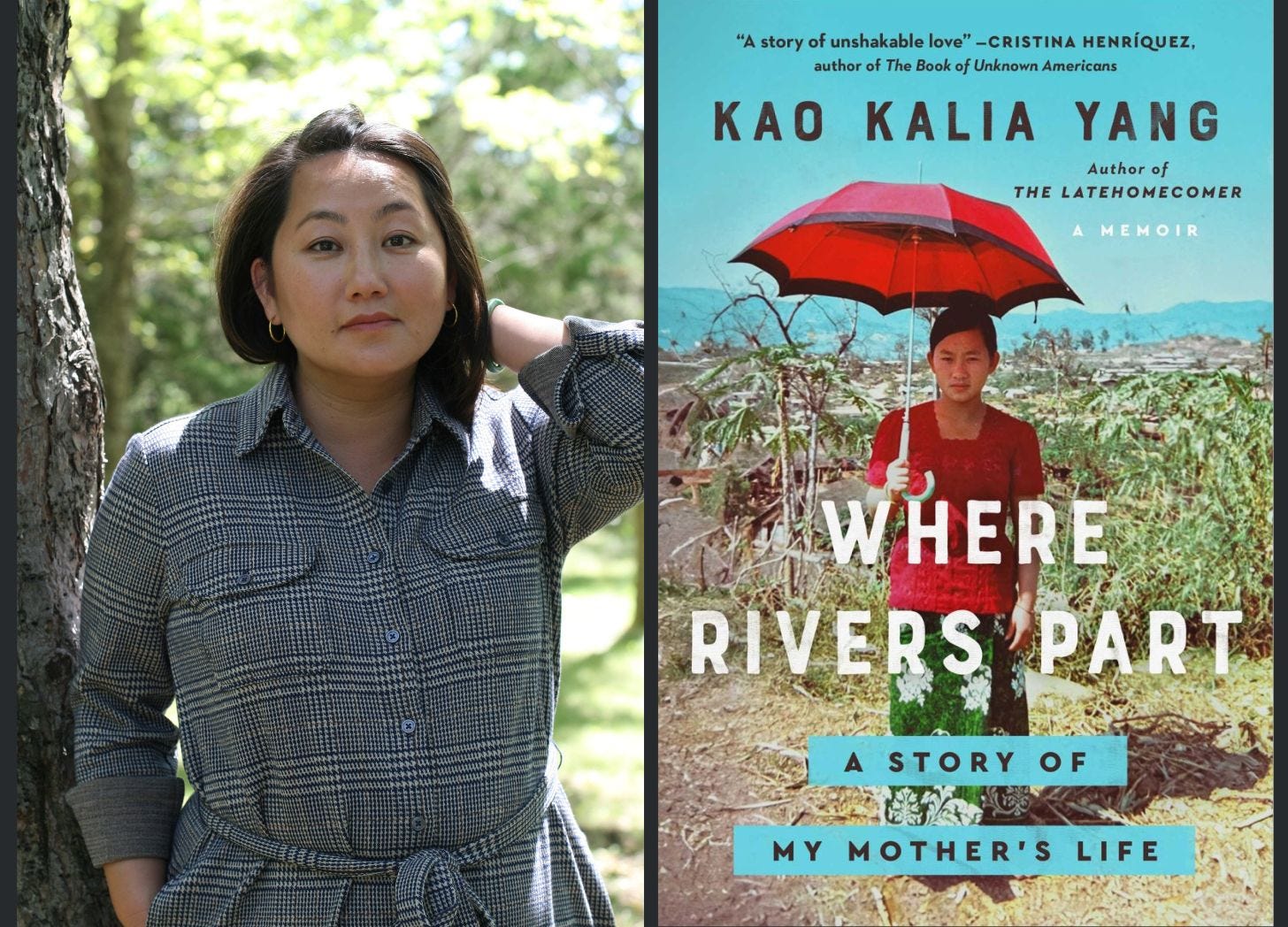 Kao Kalia Yang with the cover of her new book Where Rivers Part
