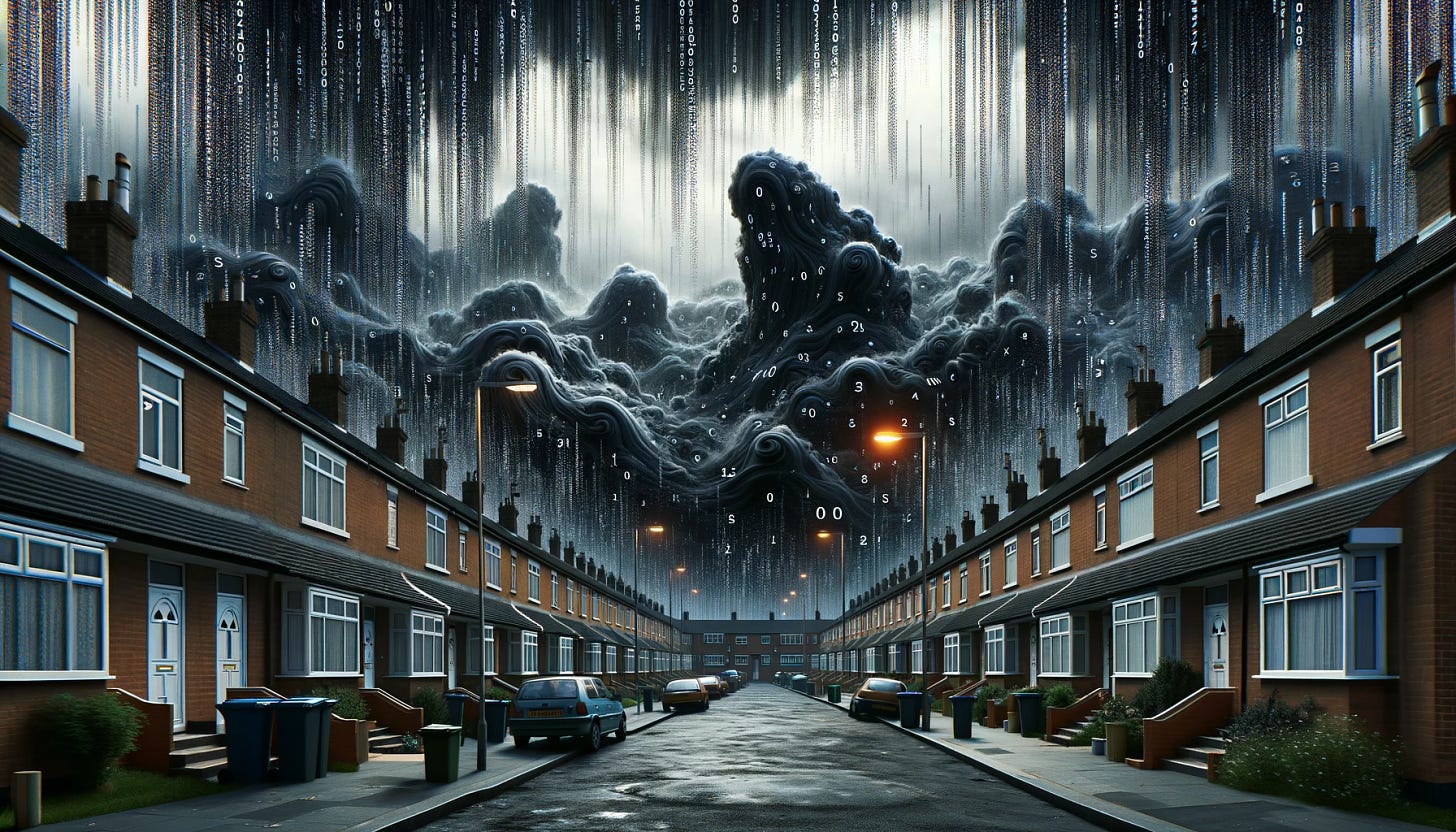 Imagine a scene where 'dark data,' represented as an ominous, swirling mass of black and gray numbers and code, is flooding through the streets of a council estate. The estate is depicted with rows of identical, modest brick houses, each with small front gardens and the occasional parked car. The sky is overcast, enhancing the sense of an impending digital storm. This flood of data flows around corners, spills over sidewalks, and creeps up the front steps of the houses, symbolizing the overwhelming and pervasive nature of unseen, unstructured data in our lives. Streetlights flicker in the gloom, casting eerie shadows that dance across the scene, adding to the atmosphere of digital chaos and uncertainty.