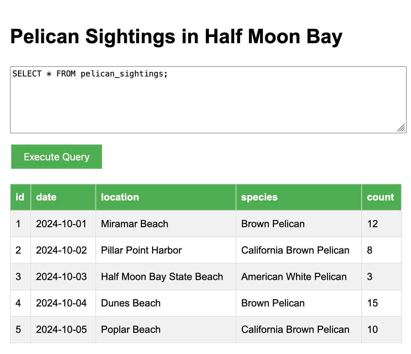 Pelican Sightings in Half Moon Bay - a textarea with select * from pelican sightings, an execute query button and a table displaying 5 matching rows.