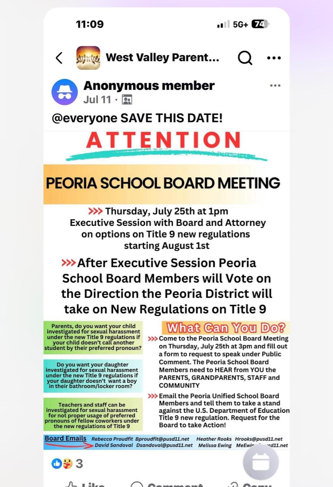 Social media post that reads "Save the Date Peoria school board meeting on July 25 at 1pm re: title 9"