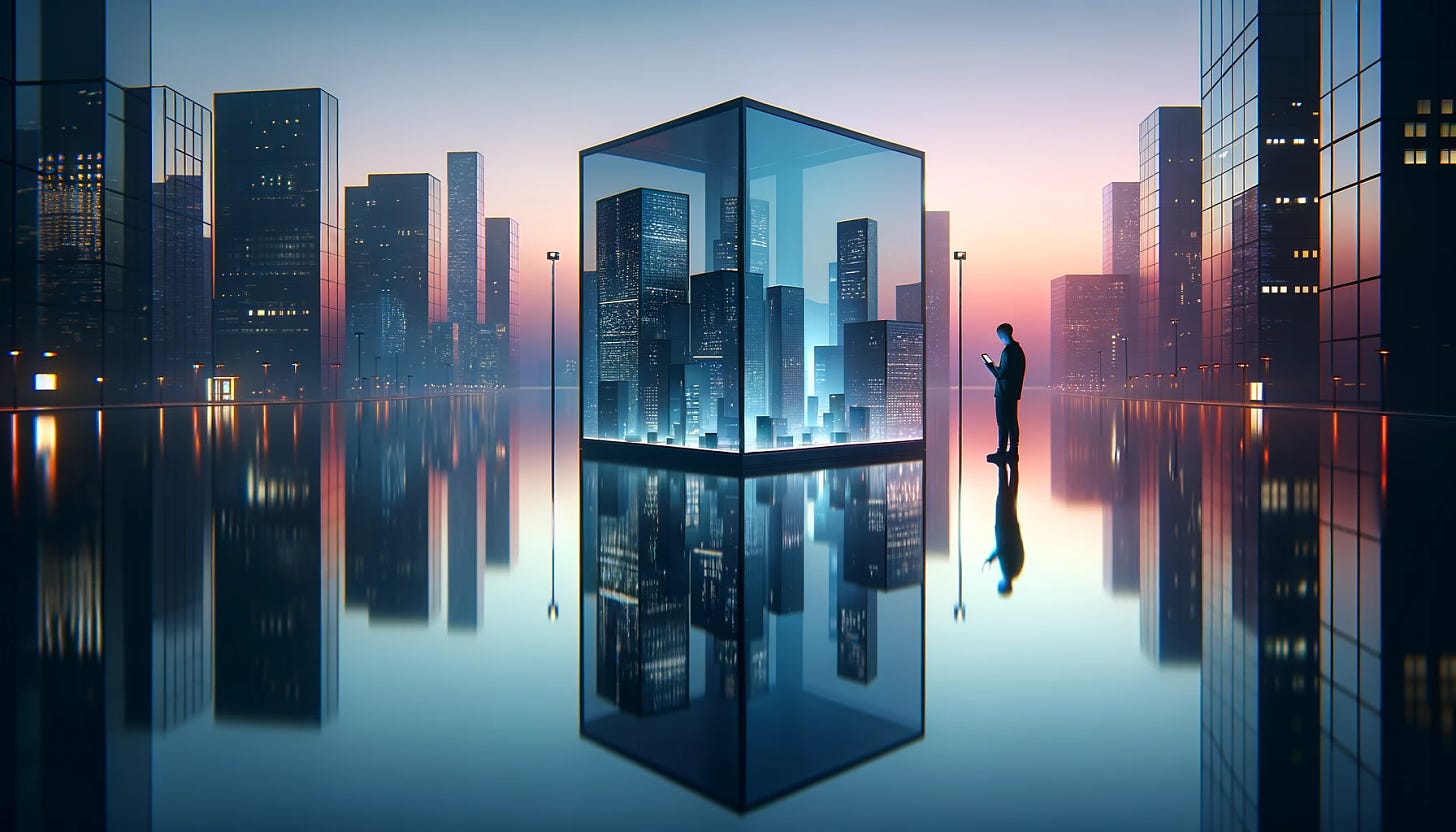 A minimalist and serene futuristic cityscape at twilight, focusing on a single reflective glass building that stands out against a simpler background. The building acts as a mirror, subtly reflecting the silhouette of a person using a smartphone, symbolizing the intersection of physical and digital identities. The surrounding environment is less crowded, with soft neon lights providing a calm ambiance. This setting aims to provoke contemplation on the themes of identity and authenticity in the digital age, with an emphasis on the contrast between connection and isolation. The cyberpunk aesthetic is toned down to prioritize clarity and simplicity, highlighting the concept of reflection both literally and metaphorically.