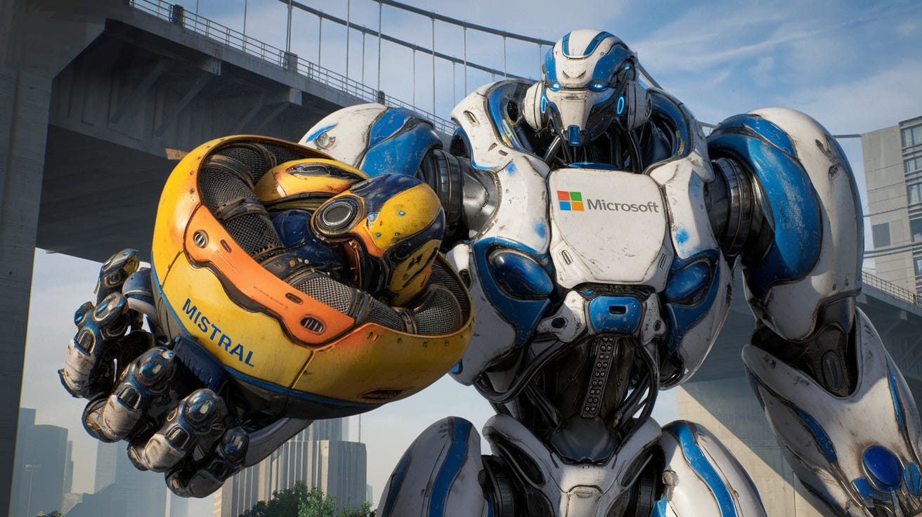 AI-generated image of a giant Microsoft robot grabbing a smaller Mistral robot