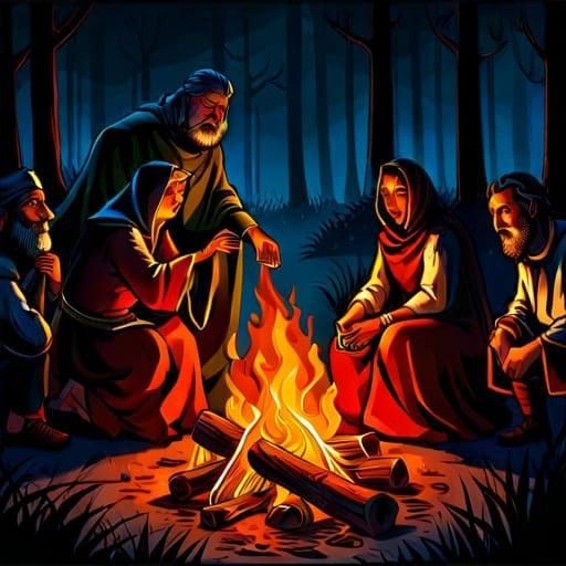 medieval people sitting huddled around a camp-fire - no ...